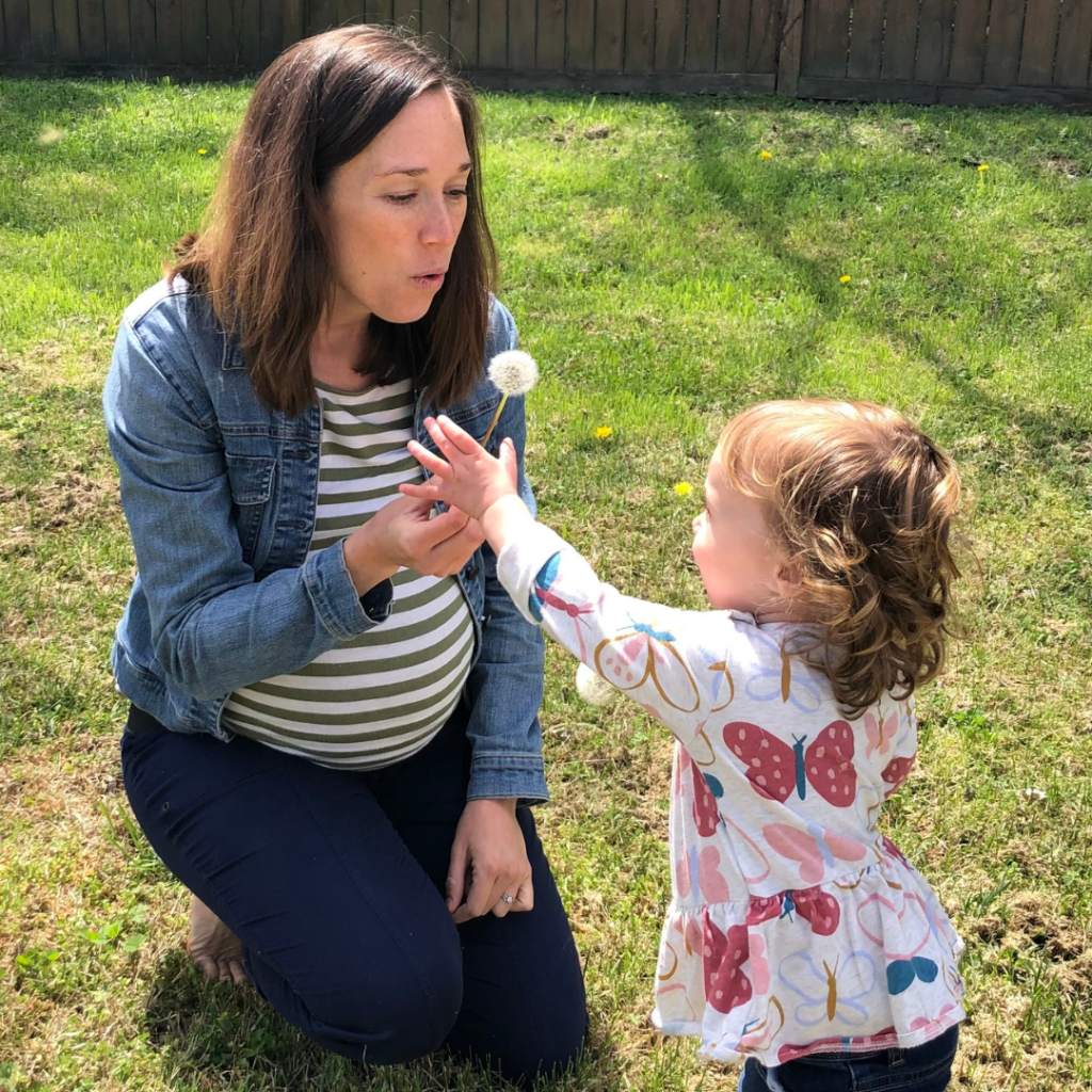 Pregnant mom and daughter blowing a dandelion