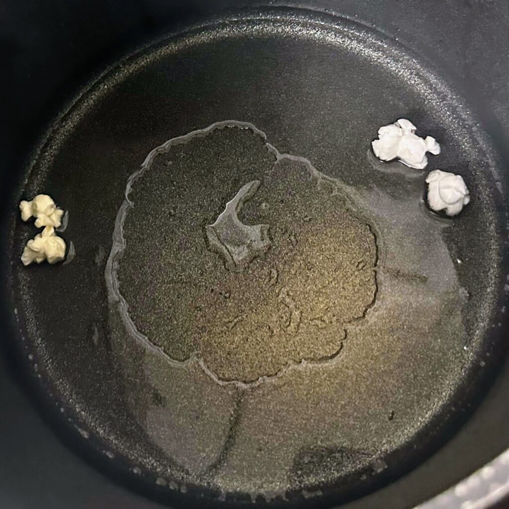 test popcorn kernels in a pot of oil
