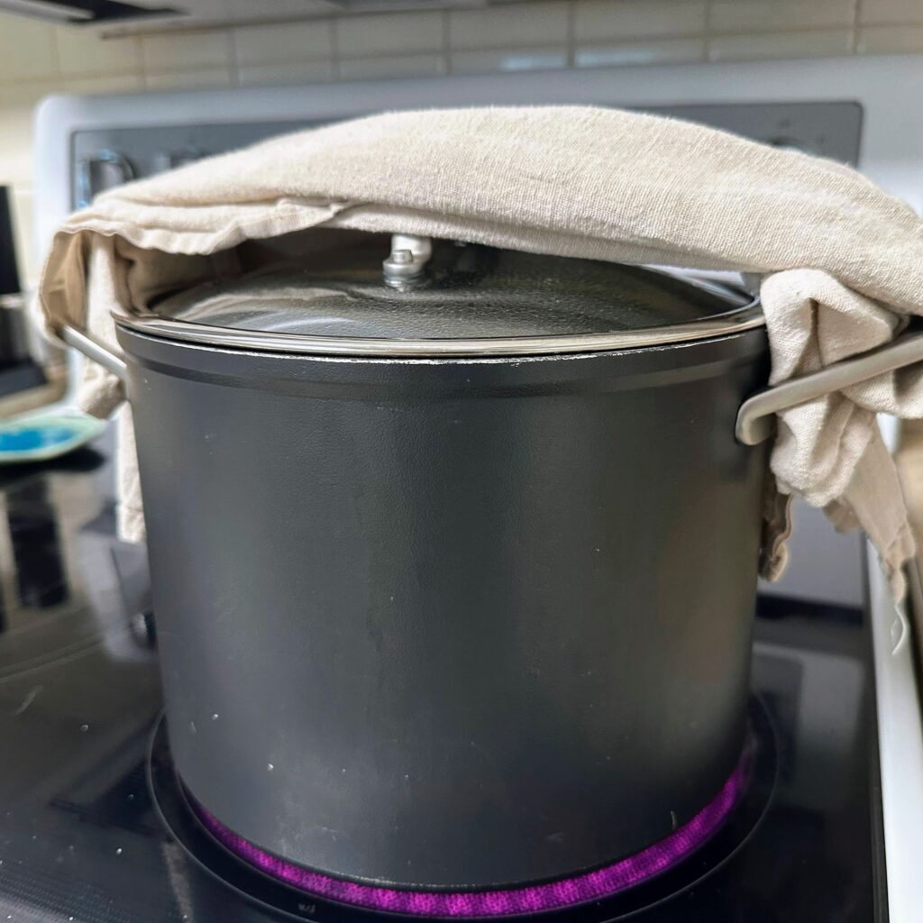 pot with a towel and lid on top